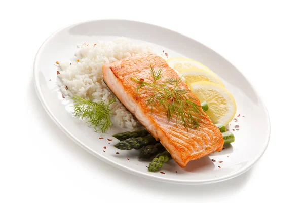 Fried Salmon Steak Asparagus Rice White Plate — Stock Photo, Image