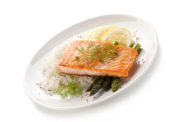 Fried Salmon Steak Asparagus Rice White Plate — Stock Photo, Image