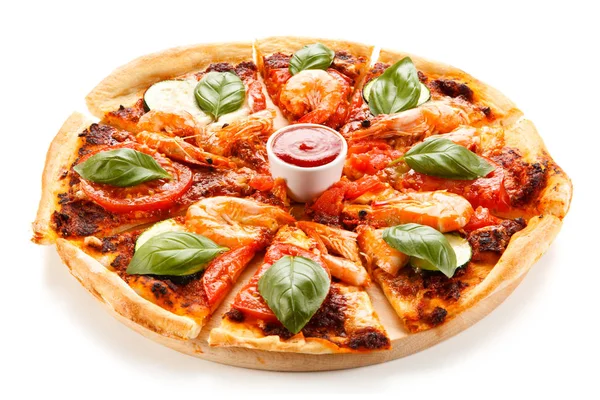 Mediterrane Pizza Mit Garnelen Tomaten Und Basilikum — Stockfoto
