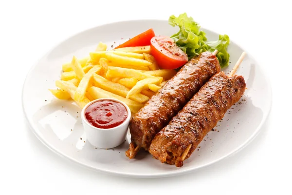 Pork Kebabs Skewers Served Sauce French Fries Lettuce Tomato White — Stock Photo, Image