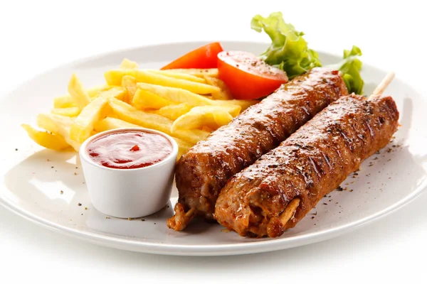 Pork Kebabs Skewers Served Sauce French Fries Lettuce Tomato White — Stock Photo, Image