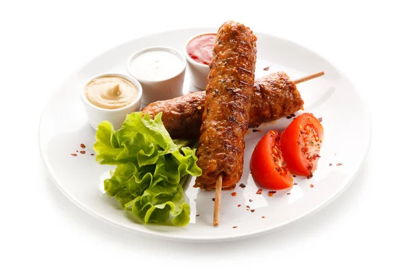 Pork Kebabs Skewers Served Sauces Lettuce Tomato White Plate — Stock Photo, Image