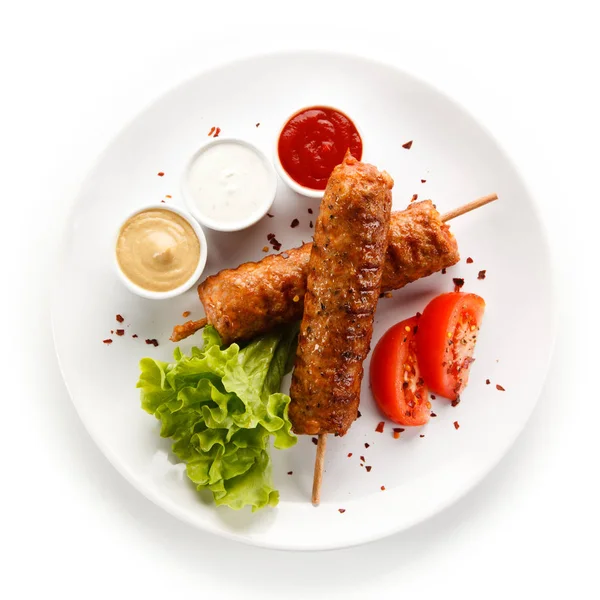 Pork Kebabs Skewers Served Sauces Lettuce Tomato White Plate — Stock Photo, Image