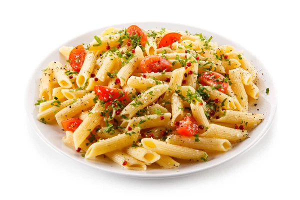 Macaroni Chopped Cherry Tomatoes Herbs Pink Pepper Parmesan Cheese — Stock Photo, Image