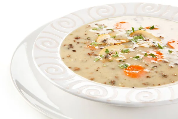 Room Soep Met Champignons Wortelen Geserveerd Bord — Stockfoto