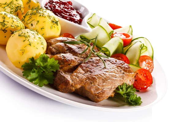 Fried Beef Whole Boiled Potatoes Cucumbers Tomatoes Plate Berry Sauce — Stock Photo, Image