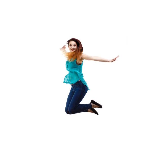 Молодая Женщина Прыгает Белом Фоне — стоковое фото
