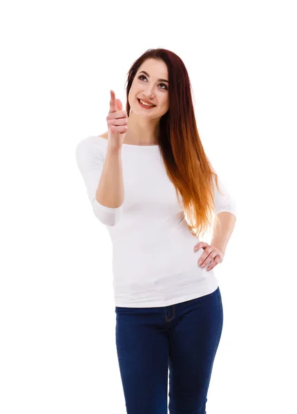 Mujer Señalando Sobre Fondo Blanco — Foto de Stock