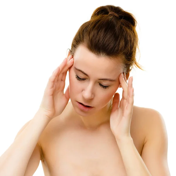 Mujer Masajeando Dolor Cabeza —  Fotos de Stock