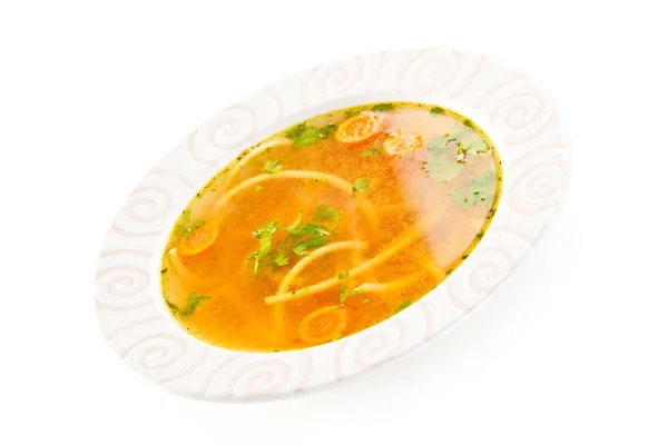 Broth Chicken Soup Served White Plate — Stock Photo, Image