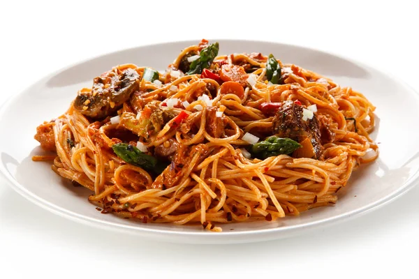 Spagetti Gombával Zöldséggel Paradicsomszósszal — Stock Fotó