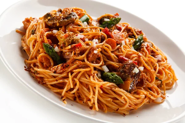 Spagetti Gombával Zöldséggel Paradicsomszósszal — Stock Fotó