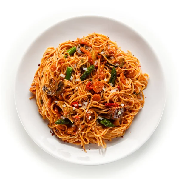 Espaguetis Con Champiñones Verduras Salsa Tomate —  Fotos de Stock