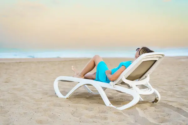 Woman Relaxing Beach Sitting Sunbed Royalty Free Stock Photos