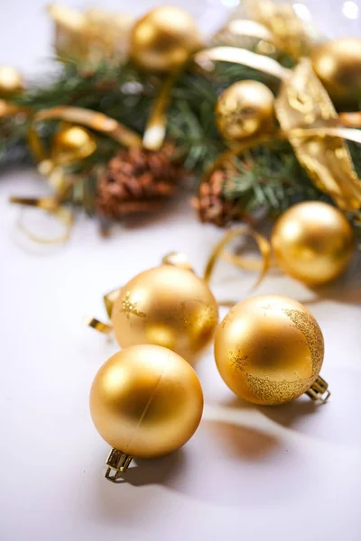 Christmas Tree Branch Gold Balls Ribbons — Stock Photo, Image