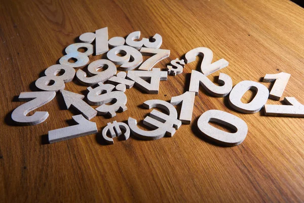 Set Numbers Currency Symbols Wooden Table Close — Stock Photo, Image