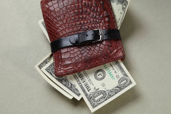 Кожаный Бумажник Долларовыми Купюрами Светлом Фоне — стоковое фото