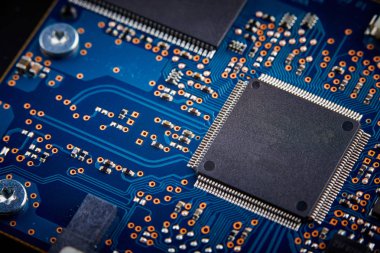 Close view of electronic circuit board with processor of computer motherboard