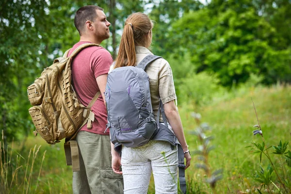 Twee Reizigers Wandelen Het Bos Zonnige Dag — Stockfoto