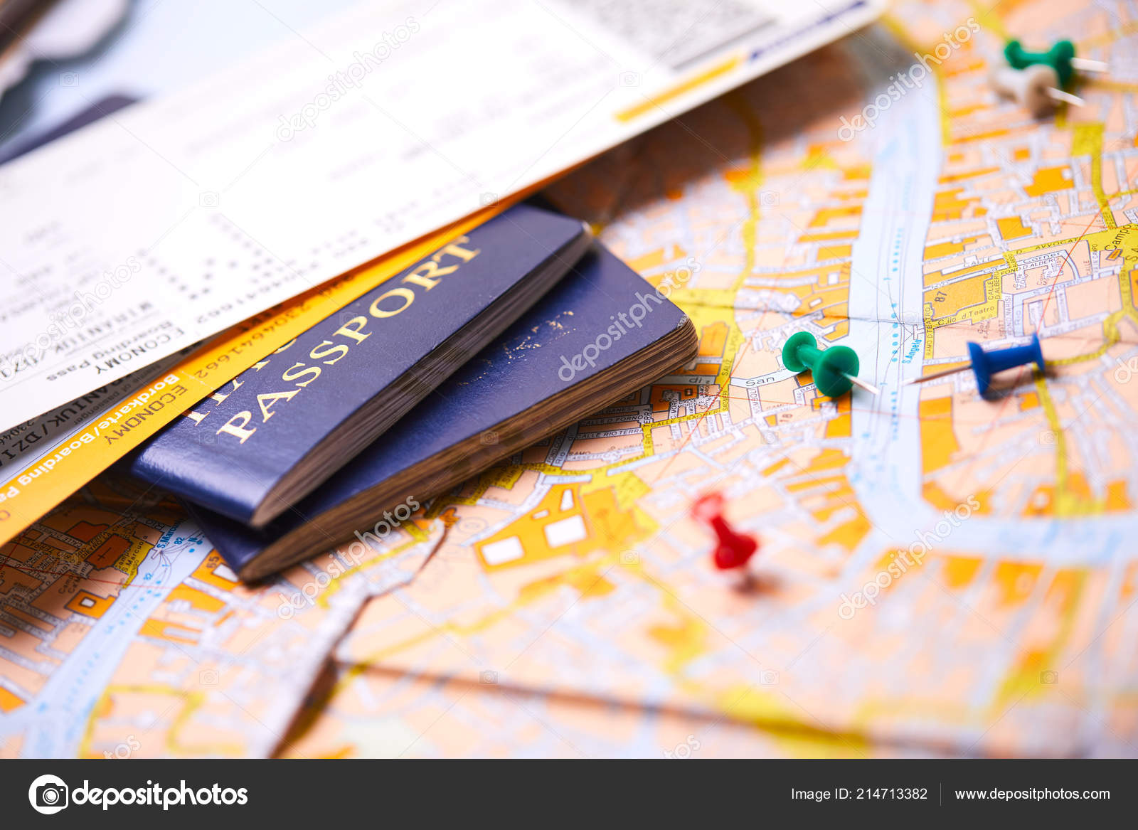 Pins Marking Travel Itinerary Points Map Passports Stock Photo by