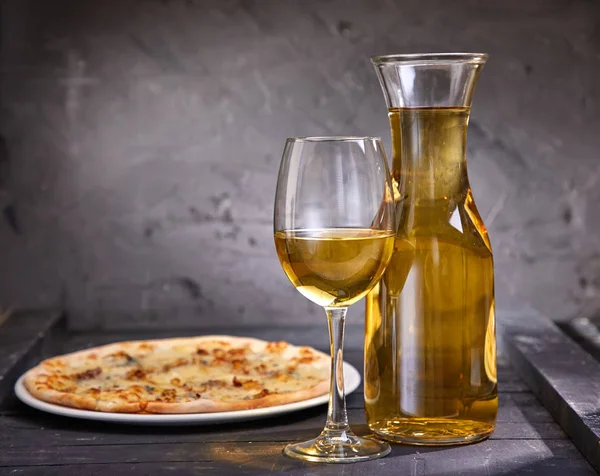 Wineglass Decanter Cold White Wine Pizza Wooden Background Close — Stock Photo, Image