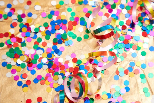 Holiday Ribbons Confetti Wooden Background Close — Stock Photo, Image