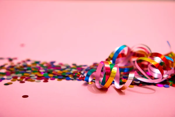 Holiday Ribbons Confetti Pink Background Close — Stock Photo, Image