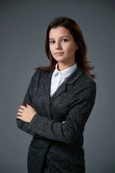 Portrait Beautiful Young Woman Wearing White Shirt Posing Grey Background — Stock Photo, Image