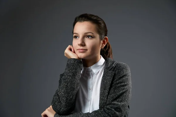 Portrait Beautiful Young Woman Wearing White Shirt Black Jacket Posing — Stock Photo, Image