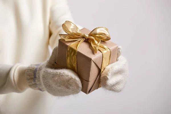 Hands Mittens Holding Craft Gift Box Close — Stock Photo, Image