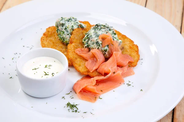 Potato Pancakes Salmon White Plate Close — Stock Photo, Image