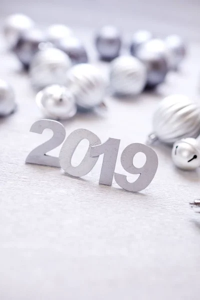 New Year Decorative Numerals 2019 Christmas Silver Balls — Stock Photo, Image