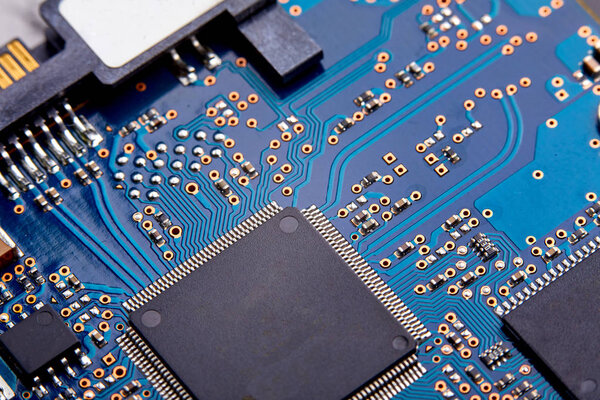 Close-up of electronic circuit board with processor of computer motherboard