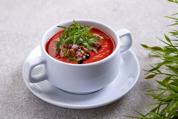 Sopa Crema Tomate Taza Blanca Primer Plano —  Fotos de Stock