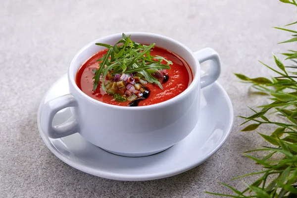 Tomato cream soup in white cup , close-up — Stock Image Tomato Cream Soup White Cup Close Stock Photo