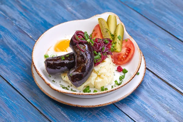 Spiegelei Mit Gemüse Und Würstchen Auf Teller Frühstückskonzept Café — Stockfoto