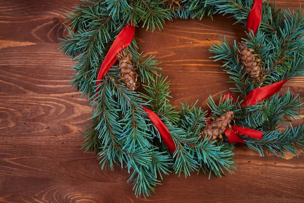 Christmas Wreath Wooden Background Close — Stock Photo, Image