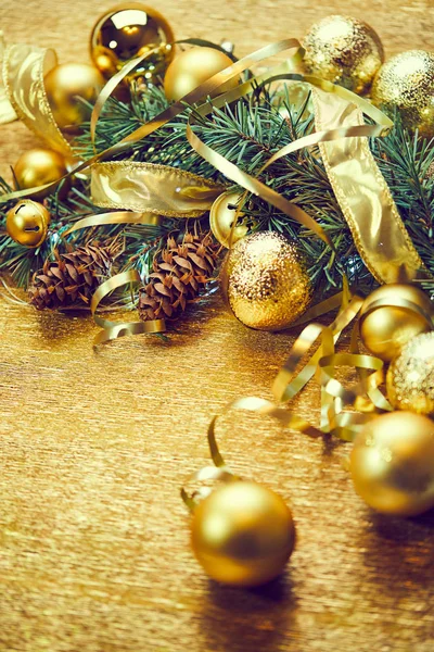 Christmas Tree Branch Gold Balls Ribbons — Stock Photo, Image