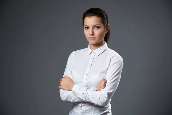 Portrait Beautiful Young Woman Wearing White Shirt Posing Grey Background — Stock Photo, Image
