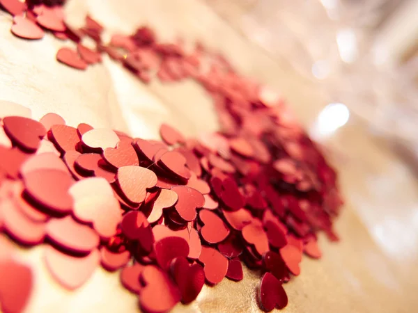 Fechar Vista Corações Vermelhos Brilhantes Confetti — Fotografia de Stock