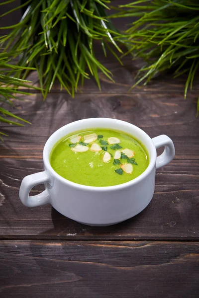 Broccoli cream soup in white bowl, close-up ss — Stock Image Broccoli Cream Soup White Bowl Close Royalty Free Stock Photos