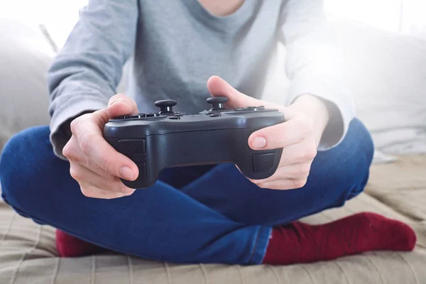 Man Holding Joystick Controllers While Playing Video Games Home — Stock Photo, Image