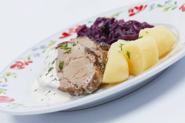 Potato Meat White Plate Close — Stock Photo, Image