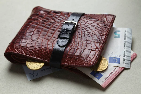 wallet with money wrapped with belt, close-up