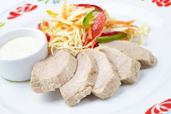 Meat Salad White Plate Close — Stock Photo, Image