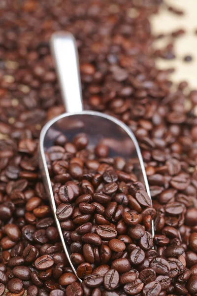 Coffee Beans Iron Spoon Close — Stock Photo, Image