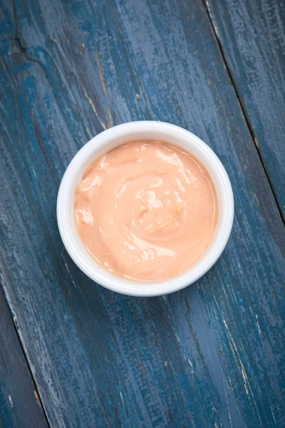 Pink Sauce White Bowl Wooden Table — Stock Photo, Image