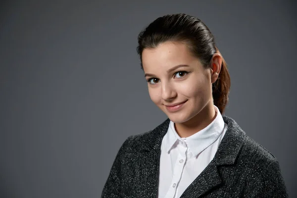 Portrait Beautiful Young Woman Wearing White Shirt Black Jacket Posing — Stock Photo, Image