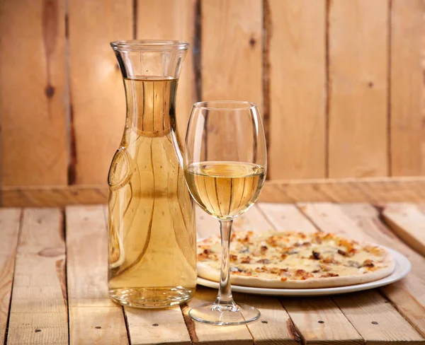 Wineglass Decanter Cold White Wine Pizza Wooden Background Close — Stock Photo, Image