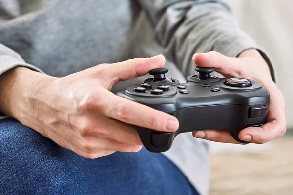 Man Holding Joystick Controllers While Playing Video Games Home — Stock Photo, Image